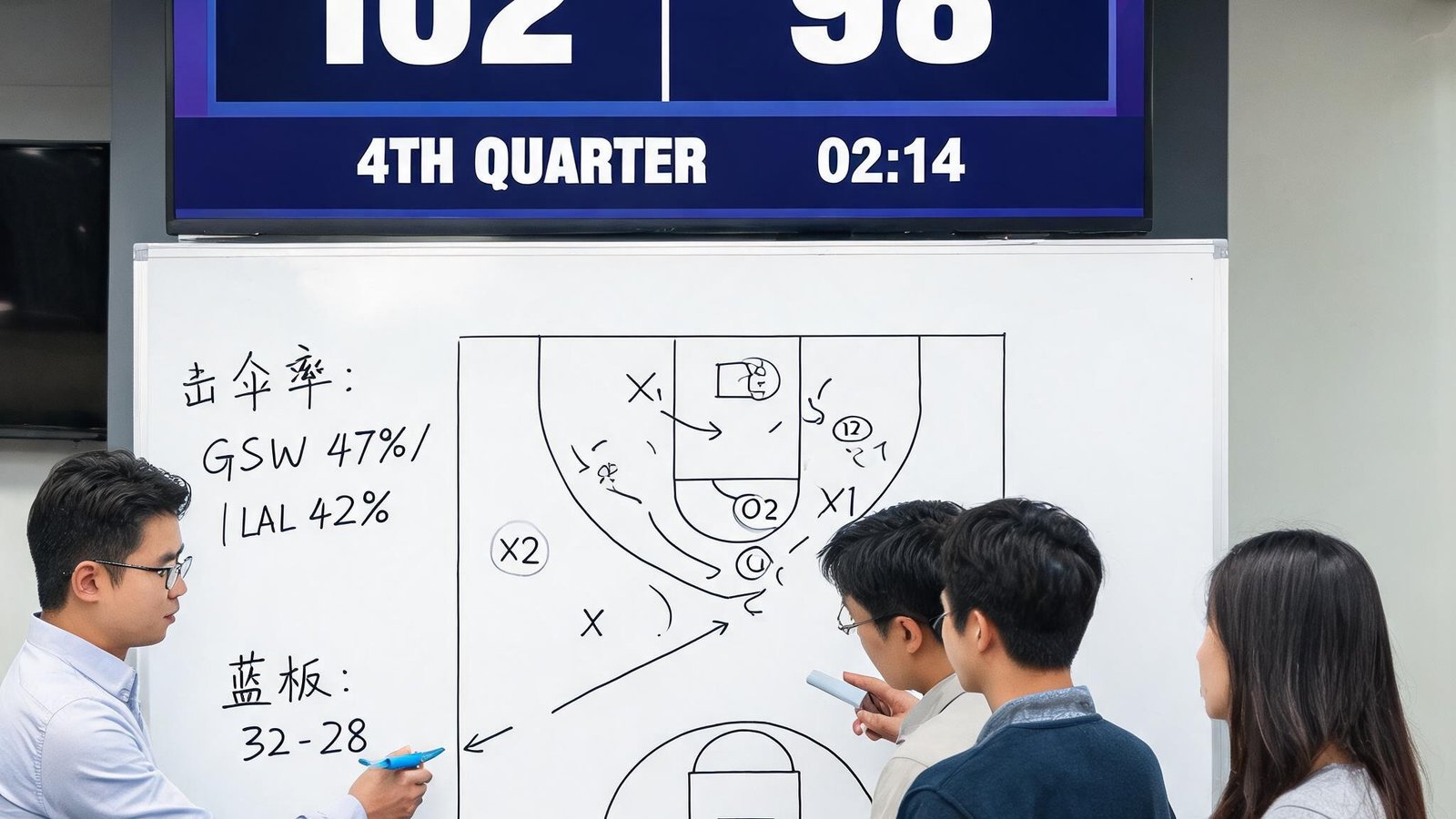 NBA战报编辑团队正在白板上讨论战术与数据模型，背景是实时比分屏