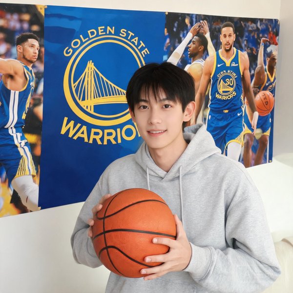 撰稿人小杨，手里拿着篮球，背景是勇士队海报