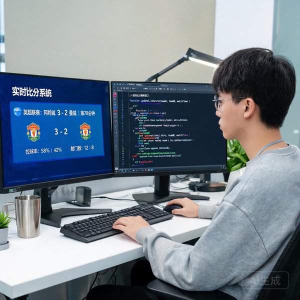 技术阿泽在双屏幕前维护实时比分系统